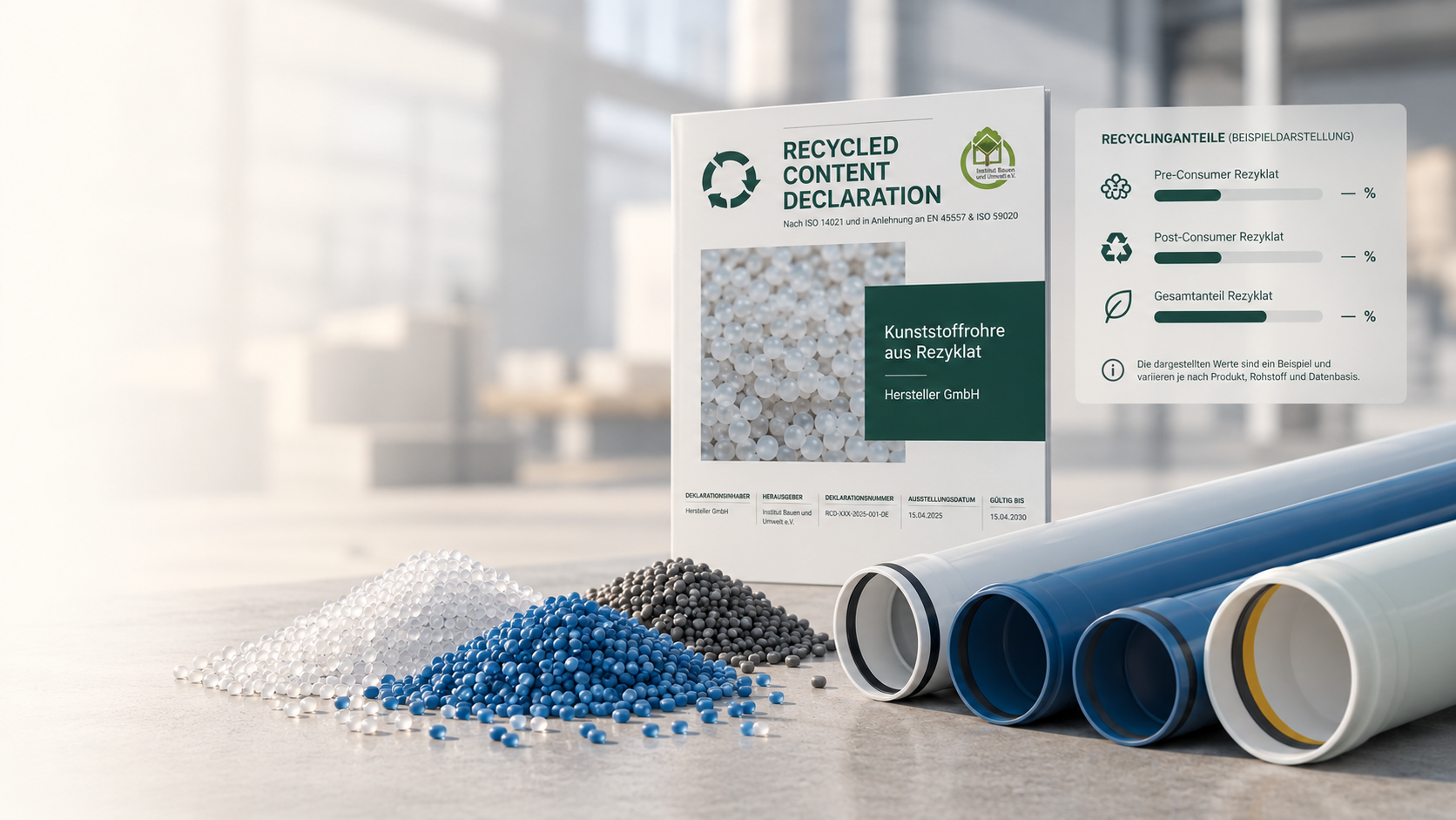 Kunststoffrohre, Rezyklat-Granulate in Weiß, Blau und Grau sowie eine Recycled Content Declaration nach ISO 14021 mit Pre- und Post-Consumer-Anteilen