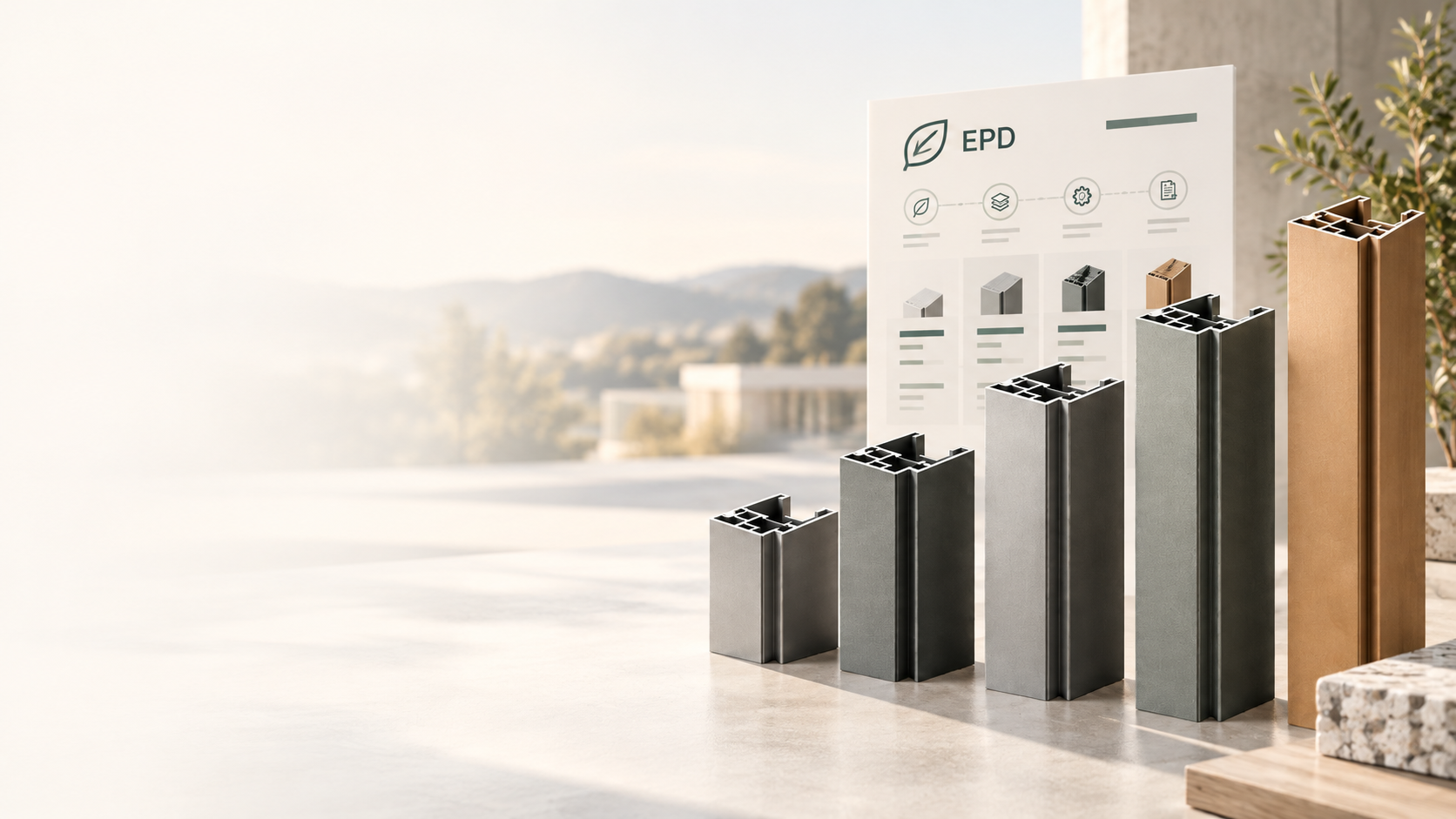 Gestufte Aluminiumprofile als Variantenreihe vor einer EPD-Infografik – vom kleinsten bis zum größten Profil